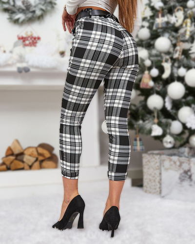 Royalfashion Pantalon à carreaux blanc et noir pour femme