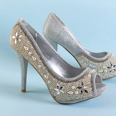 OUTLET Escarpins femme en brocart argent avec zircons et perles Gitana - Chaussures
