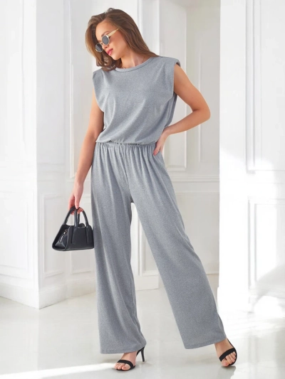 Ensemble en viscose côtelée pour femmes Royalfashion, sans manches et avec pantalons évasés