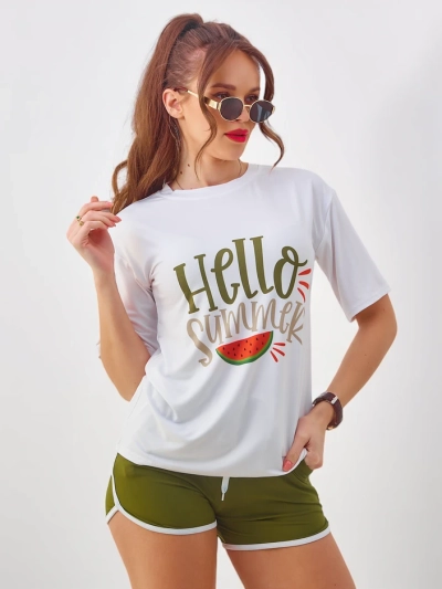 Ensemble de sport Royalfashion pour femmes avec t-shirt et shorts Bonjour été