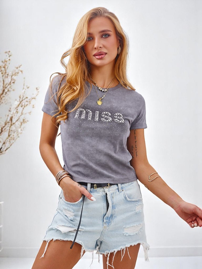 Royalfashion T-shirt en coton pour femme avec strass MISS