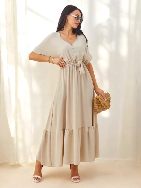 Robe mi-longue Royalfashion pour femmes avec manches courtes et boutons décoratifs