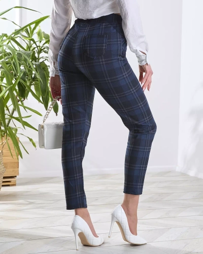 Treggings à carreaux bleu marine pour femmes TAILLE PLUS- Vêtements
