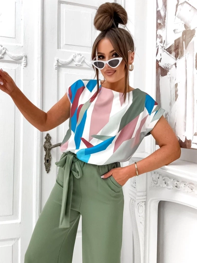 Royalfashion Combinaison pour femmes avec pantalons larges et blouse à manches courtes à motifs