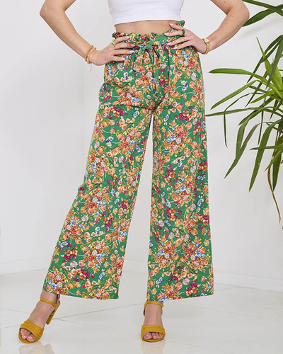 Pantalon palazzo vert à fleurs orange pour femme - Vêtements