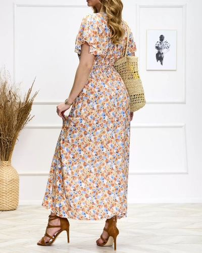 Robe midi fleurie orange et bleue pour femme - Chaussures