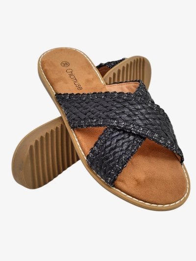 Sandales plates pour femmes Calista Nero, tresse noire, cuir écologique