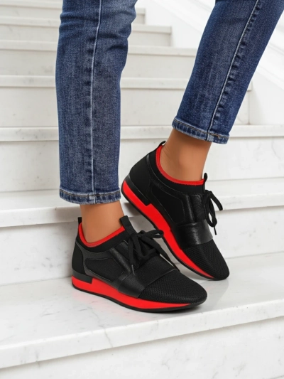 Sneakers pour femmes Artemida Nero en tissu et cuir écologique avec accent rouge