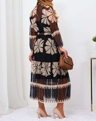 Royalfashion Robe longue florale en maille noire et beige