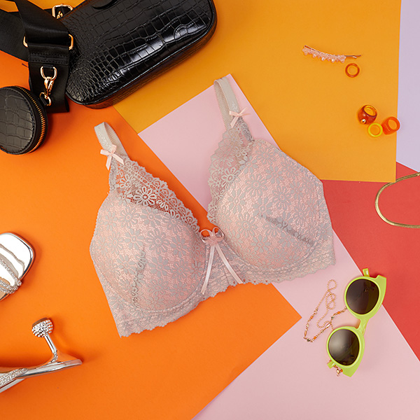 Soutien-gorge rose pour femme avec dentelle grise - Sous-vêtements