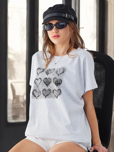 Royalfashion T-shirt en coton pour femmes Beaucoup de cœurs