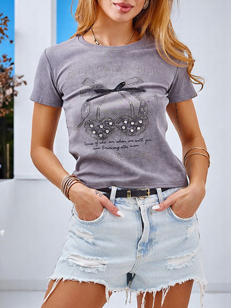 Royalfashion T-shirt en coton pour femme avec strass et nœud