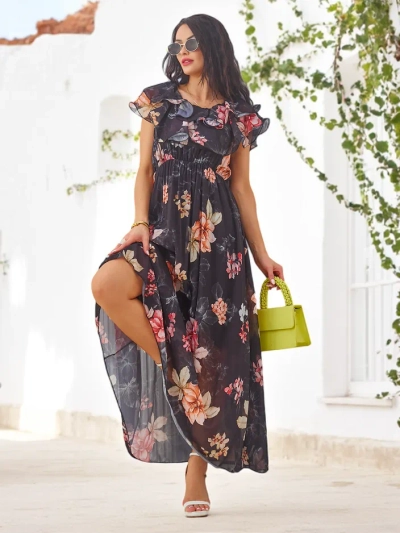Robe longue à épaules dénudées pour femmes avec des manches courtes dans divers motifs floraux