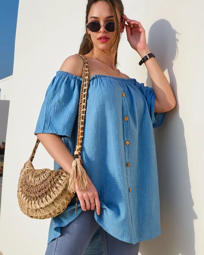 Blouse en coton pour femmes Royalfashion de style espagnol avec des boutons décoratifs