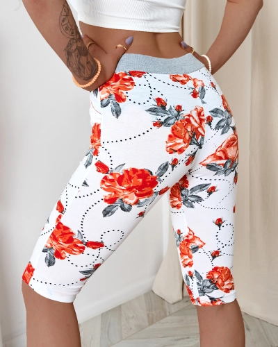 Short femme blanc 3/4 avec fleurs rouges GRANDE TAILLE - Vêtement