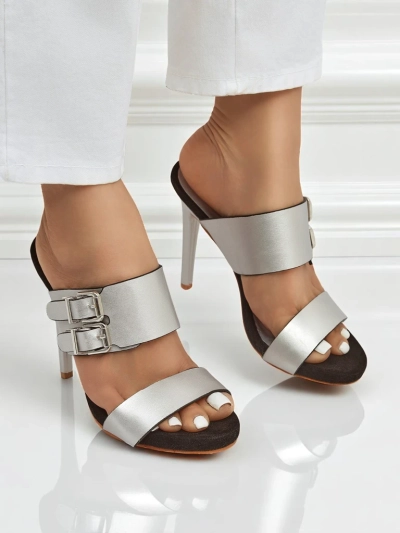 Sandales Aletheia argentées à talon aiguille 12cm en cuir écologique à brides