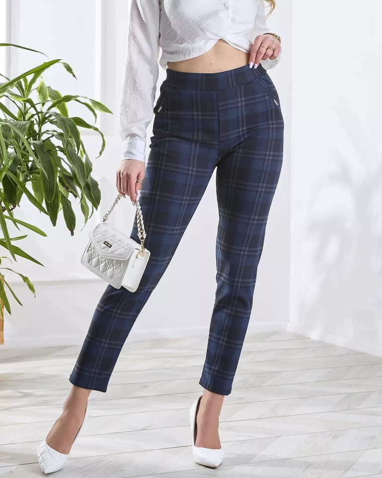 Treggings à carreaux bleu marine pour femmes TAILLE PLUS- Vêtements