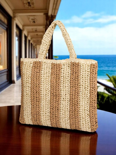 Royalfashion Grand sac à main en paille pour femme Paille Rayure