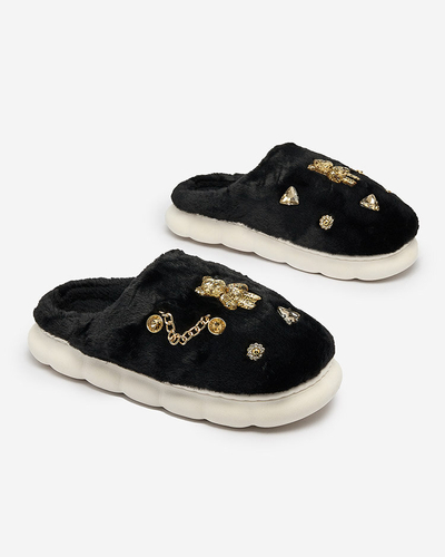 Royalfashion Pantoufles noires en fourrure pour femme avec ornements Erserra
