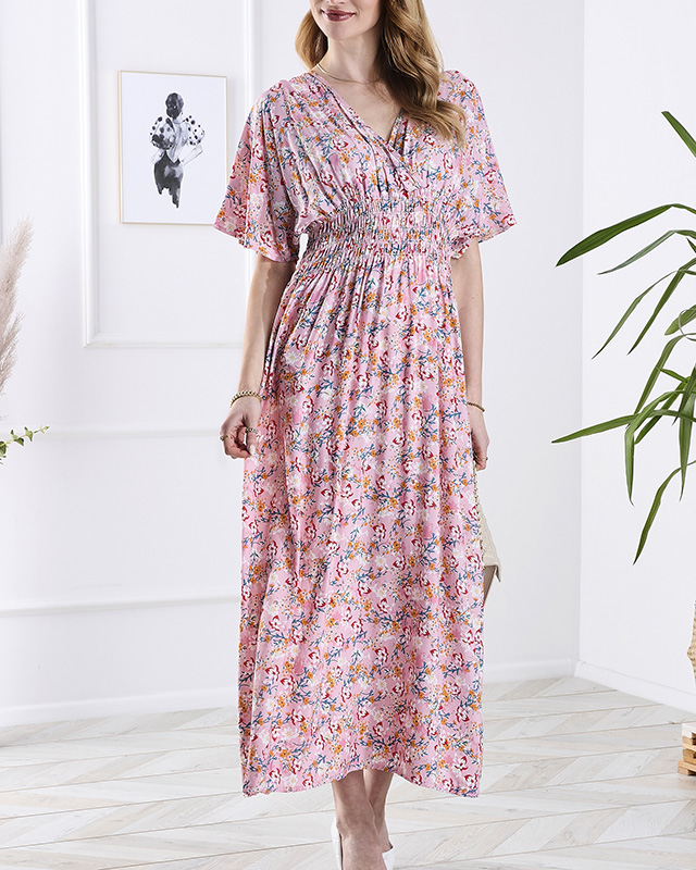 Robe midi rose pour femme avec motif floral- Vêtements