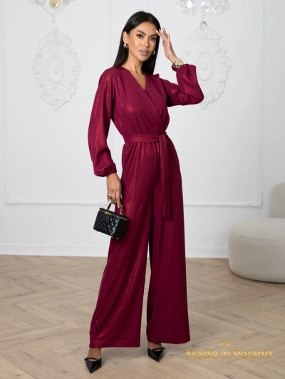 Combi-pantalon pour femmes 'Valentina' bordeaux avec manches longues et jambes larges