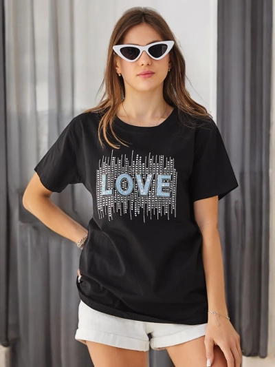 T-shirt en coton Royalfashion pour femmes LOVE avec des strass
