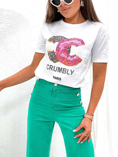 Royalfashion T-shirt femme avec imprimé et zircons