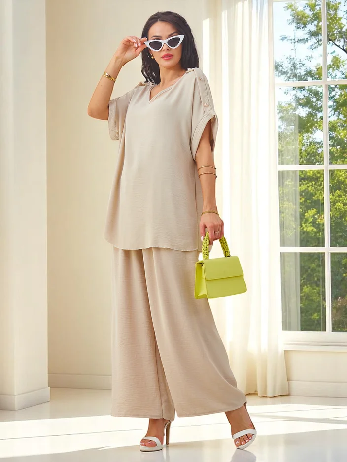 Ensemble en coton Royalfashion pour femmes avec des manches courtes et un pantalon évasé