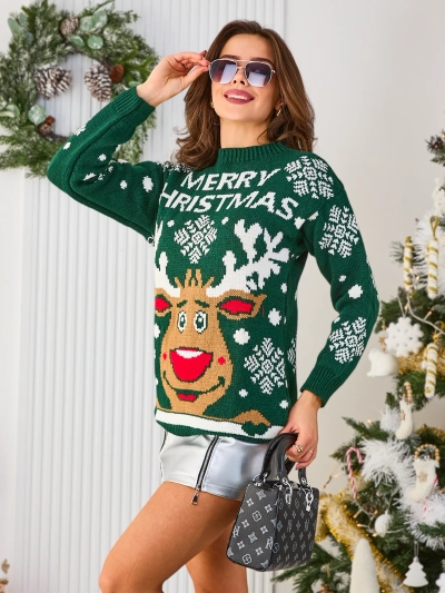 Royalfashion Pull de Noël vert foncé avec renne pour femme