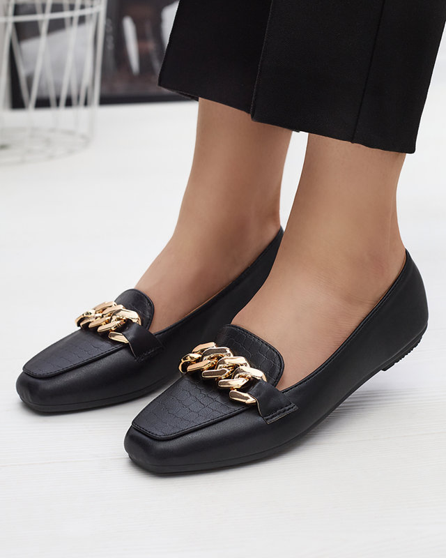 Mocassins noirs pour femme avec gaufrage et chaîne sur le bout - Shoes