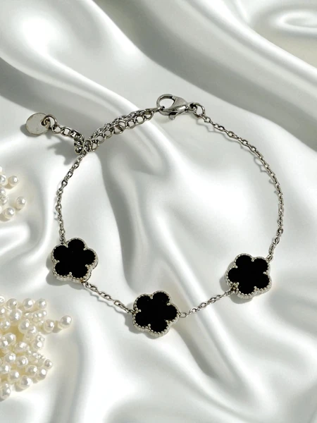 Bracelet Callisto Nero en Acier Inoxydable avec Motif de Fleur