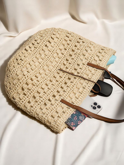 Royalfashion Grand sac à main en paille pour femme Naturel Classique