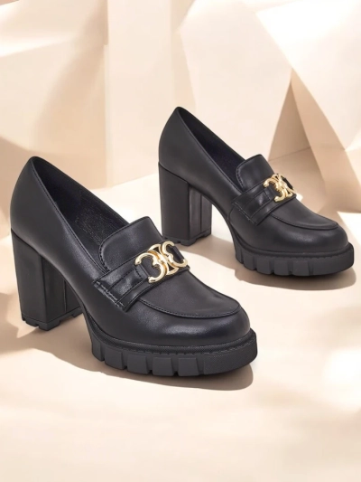 Escarpins pour femmes Nero Aurora à talon bloc avec boucle dorée, cuir écologique