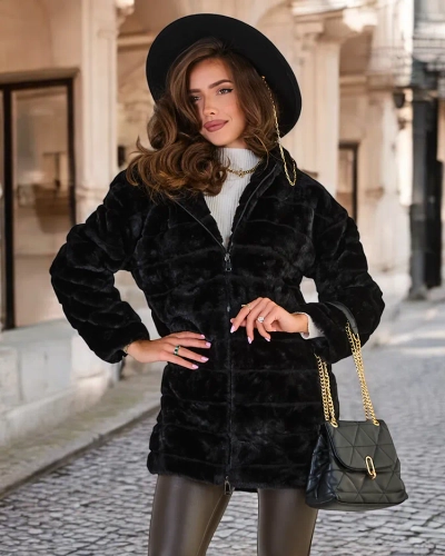 Royalfashion Manteau noir pour femme en fourrure