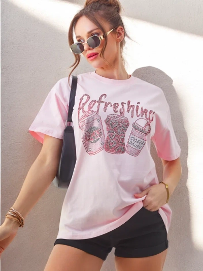 T-shirt en coton pour femmes Royalfashion avec impression de strass