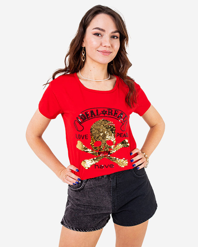 T-shirt femme rouge avec sequins et inscriptions - Vêtements