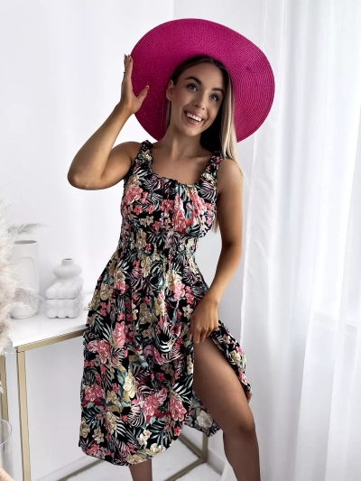 Robe d'été au genou pour femme, noire, à motif floral - Vêtements