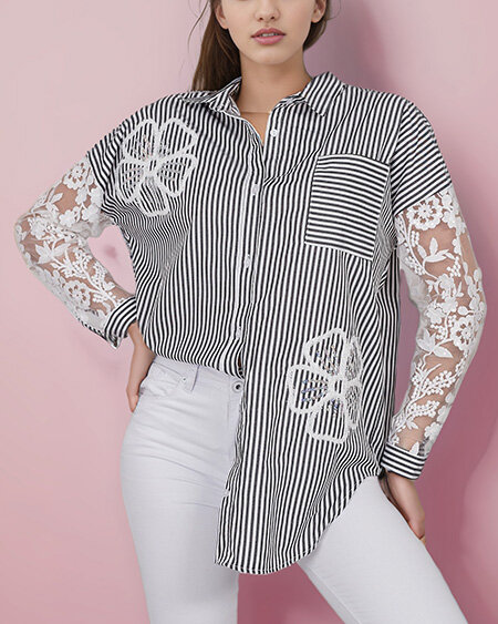 Royalfashion Chemise rayée pour femme avec dentelle