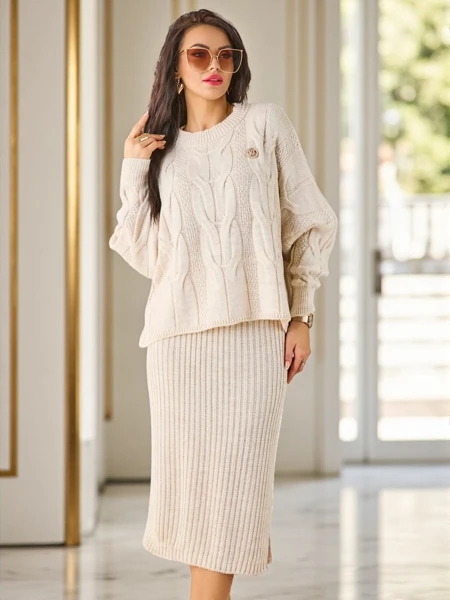 Royalfashion Ensemble pour femme en acrylique tressé avec pull et jupe Warm&Fuzzy