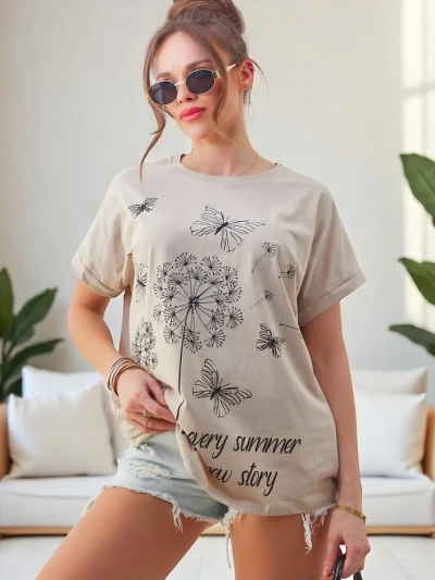 T-shirt en coton pour femmes Royalfashion avec des pissenlits et un papillon