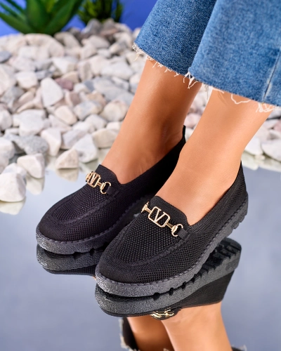 Royalfashion Mocassins en tissu noir pour femme avec ornements dorés Ertica