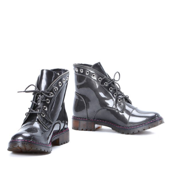 Szare workery lakierowane Leah - Obuwie