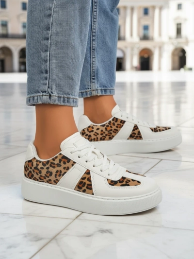Baskets pour Femmes Calista Leopardia – Blanc Cuir Écologique Tissu Printemps 4cm
