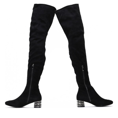 Czarne, długie kozaki ze zdobionym obcasem Back Again- Obuwie