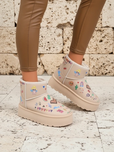 Chaussures Doublées Callisto Angelico avec Dessins Enfantins sur Plateforme Beige