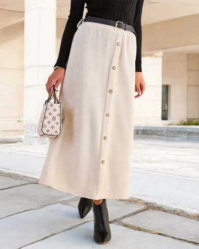 Royalfashion Jupe midi pour femme avec boutons décoratifs