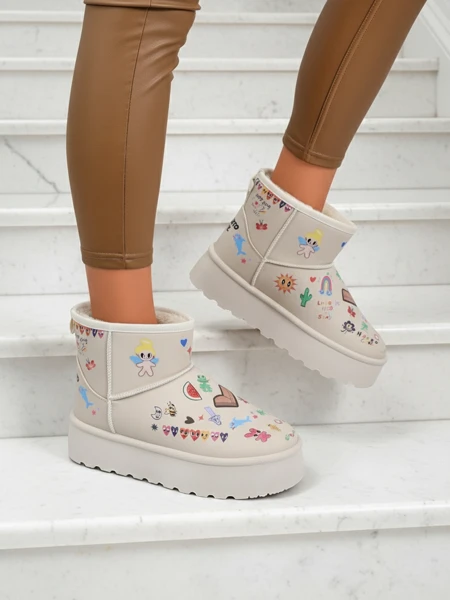 Bottines Lemuria - Bottes de Neige Cr\[egrave\]me Doodle \[agrave\] Semelle \[E]paisse Furrini