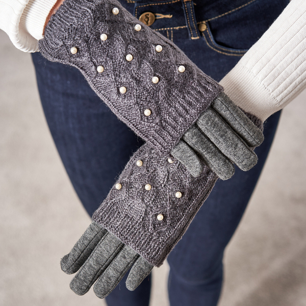 Mitaines femme gris foncé avec perles - Mitaines