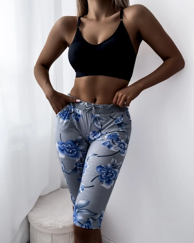 Short 3/4 femme gris à motif fleuri - Vêtements