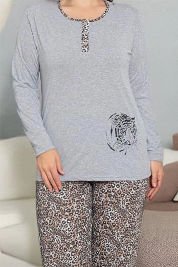 Royalfashion Pijamas gris femme 2 pièces motif léopard GRANDE TAILLE